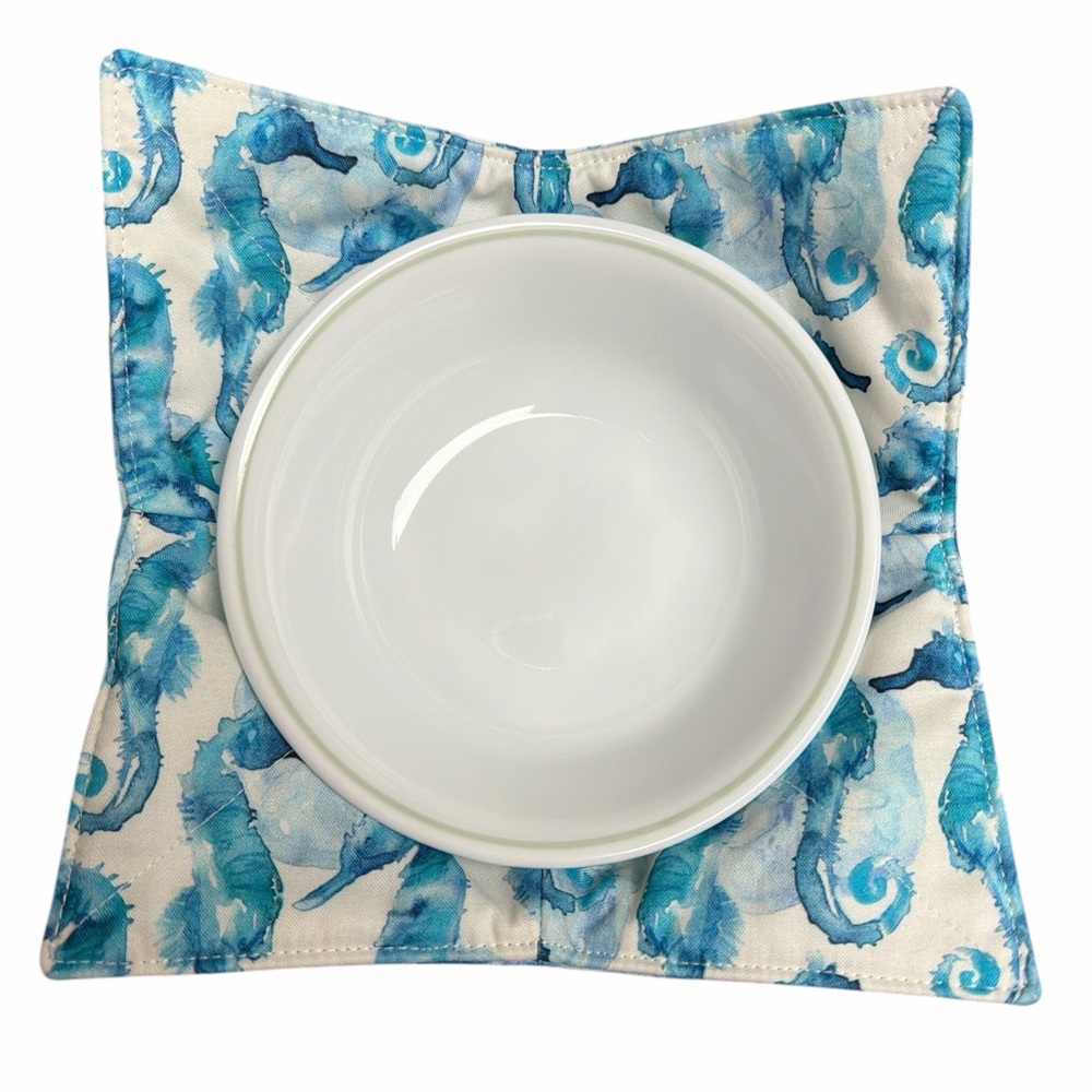 Hand Crafted Bowl Cozy Bowl Holder Microwavable Cotton Padded Blue Seahorse - Picture 9 of 11